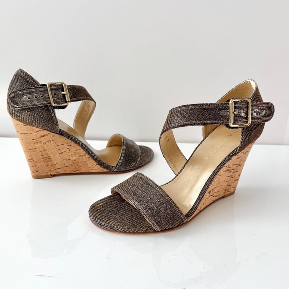Stuart Weitzman Lineone Pyrite Nocturn Cork Wedge Ankle Strap Sandals Size 8 M - Picture 4 of 11